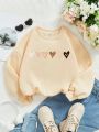 Girls' Casual Heart Print Long Sleeve Round Neck Sweatshirt, Ideal For Autumn And Winter