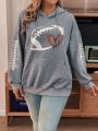 Plus Size Women's Rugby Style Hoodie With Heart Print And Drawstring
