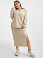 SHEIN Essnce Women's Plus Size Loose Fit Drop Shoulder T-shirt And Skirt Set, Solid Color