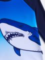 Young Boys' Shark Printed Colorblock Long Sleeve Rashguard And Swim Trunks Set