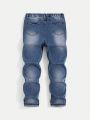 SHEIN Teen Boy Washed Look Faded Denim Jeans With Ripped Details