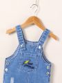 Baby Boy Denim Overalls With Letter Embroidery & Distressed Details