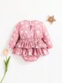 SHEIN Newborn Baby Girls' Floral Pattern Lotus Leaf Collar Long Sleeve Bodysuit