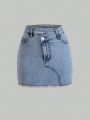 Teen Girl's New Fashion Casual Denim Strapless Top And Washed Denim Slanted Placket Skirt Set