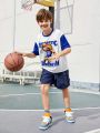 SHEIN Tween Boy Casual Round Neck Lion Character & Letter Print Short Sleeve T-Shirt With Color Block Design