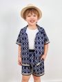 SHEIN Kids EVRYDAY Toddler Boys' Loose Fit Letter Full Printed Short Sleeve Shirt With Shorts And T-Shirt Set, Casual Outfits