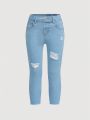 SHEIN Young Girls' Fashionable Casual High Waisted Skinny Jeans With Distressed Detail And Washed Effect