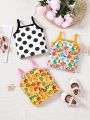 SHEIN Baby Girl Cute Knitted Polka Dots & Floral Print Camisole Top Set Including Vest, Top & Shorts