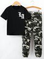 SHEIN Kids EVRYDAY Letter Print Tee and Camo Print Cargo Pant