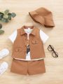 SHEIN Baby Boy Summer Outdoor Casual College Style Comfortable Loose Short Sleeve T-Shirt, Vest, Shorts And Hat 4pcs/Set