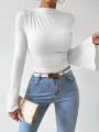 SHEIN Essnce Solid Bell Sleeve Ruched Bodysuit