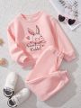Young Girls' Casual Cartoon Rabbit & Letter Print Sweatshirt And Trousers Suit, Suitable For Autumn And Winter