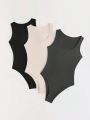 SHEIN Essnce 3pcs/Set Plus Size Solid Color Sleeveless Bodysuit