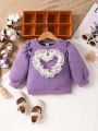 Baby Girl Heart Patched Contrast Lace Ruffle Trim Sweatshirt