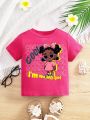 Baby Girls' Casual Short Sleeve Round Neck Tee With Cartoon Pattern Print, Suitable For Summer