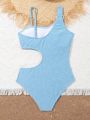 Teenage Girls' Solid Color Hollow Out Ring Buckle Decor One-piece Swimsuit