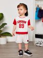 SHEIN Baby Boy And Child Sporty Letter Pattern Color Block Short-Sleeved Top And Shorts Set