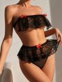 SHEIN Women's Sexy Bowknot Decor See-Through Lace Lingerie Set