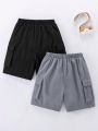 SHEIN Kids EVRYDAY 2pcs/Set Tween Boys' Loose Fit Casual Solid Color Woven Cargo Shorts