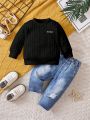Baby Boy Textured Round Neck Sweatshirt And Denim-Effect Printed Pants Outfit