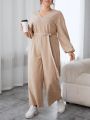 SHEIN Essnce Plus Size Women's V-Neck Suede Belted Lantern Sleeve Jumpsuit With Straight Legs