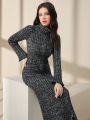 SHEIN Mulvari Women's Turtleneck Flare Sleeve Ribbed Sweater Dress
