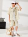 SHEIN Kids EVRYDAY Tween Boys' Casual Solid Color Pocket Design Turn-Down Collar Button Front Short Sleeve Loose Shirt And Shorts Woven 2pcs Set