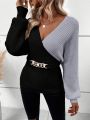 SHEIN LUNE Two Tone Chain Detail Batwing Sleeve Sweater