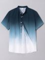 SHEIN Teenage Boys' Casual Stylish Green Gradient Print Short Sleeve Shirt With Stand Collar