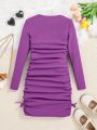 SHEIN Tween Girls' Street Style Knitted Solid Color Pleated Casual Dress