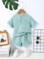 4pcs Baby Boy Summer Leisure Pure Color Textured Fabric Henry Neck Short-Sleeved Top And Shorts Set For Outdoor