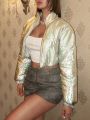 SHEIN ICON Holographic Mock Neck Zip Up Crop Rave Puffer Coat