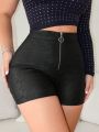 SHEIN SXY Spring Women Clothes High Elastic Leather Lace Dark Pattern High Waist Front Zipper Women'S Tight Shorts