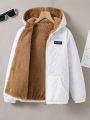 SHEIN Boys' Teddy Lined Hooded Coat With Kangaroo Pocket And Letter Print, Winter