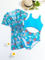 SHEIN Teen Girls Floral Print Cut Out One Piece Swimsuit With Kimono