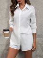 SHEIN LUNE Women's Solid Color Casual Shirt And Shorts Set