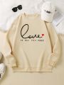 Plus Size Warm Sweatshirt With Slogan And Heart Print
