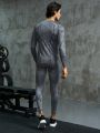 Men's Sporty Geometric Pattern Inserted Long Sleeve Compression Suit
