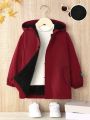 SHEIN Young Boy Letter Patched Detail Teddy Lined Hooded Coat Without Tee