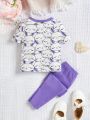 SHEIN Baby Girls' Cute Cartoon Rabbit Pattern Short Sleeve Top And Solid Color Skinny Pants Pajama Set