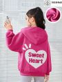 SHEIN Girls' Loose Fit Love Print Raglan Sleeve Hoodie With Fleece Lining For Casual Wear