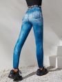 SHEIN Teenage Girls' Knitted Printed Denim-Look Sport Pants