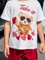 SHEIN Young Boy Funny Cartoon Bear Printed Tee & Shorts Cool Street Style 2pcs/Set Outfits For Autumn And Winter
