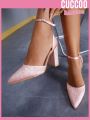 Cuccoo Party Collection Women Buckle Decor Point Toe Chunky Heeled Pumps, Fashion Outdoor Fabric Ankle Strap Pumps