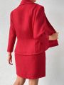 SHEIN Privé Valentine's Day/New Year Elegant Slim Fit Red Shawl Collar Long Sleeve Coat And Skirt Set For Women