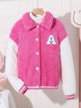 Tween Girls' Teddy Jacket With Letter Embroidery And Floral Patch Decorations
