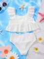 SHEIN Young Girl Bikini Set For Resort & Leisure, Spring & Summer, Knitted Fabric, Solid Color, Ruffle Hem