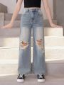 Tween Girls New Casual Fashionable Ripped & Vintage Washed Denim Wide Leg Pants