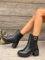 Women's Pu Leather Face Strap Thick Heel High-heel Boots With Fleece