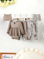 Fashion Personality Four-Piece Set Of Baby Girl's Khaki Jumpsuit With Leopard Print Long Pants Plus Hat And Hairband